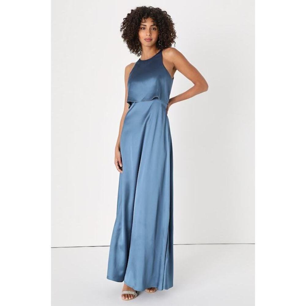 Lulus Lovely Wonder Slate Blue Satin Sleeveless Maxi Dress - NWT